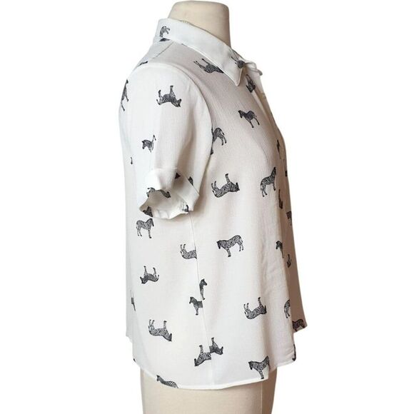 Pink Rose Womens Zebra Blouse M White  Button-Up SS Y2K Animal Print Chic Nature - Picture 4 of 6